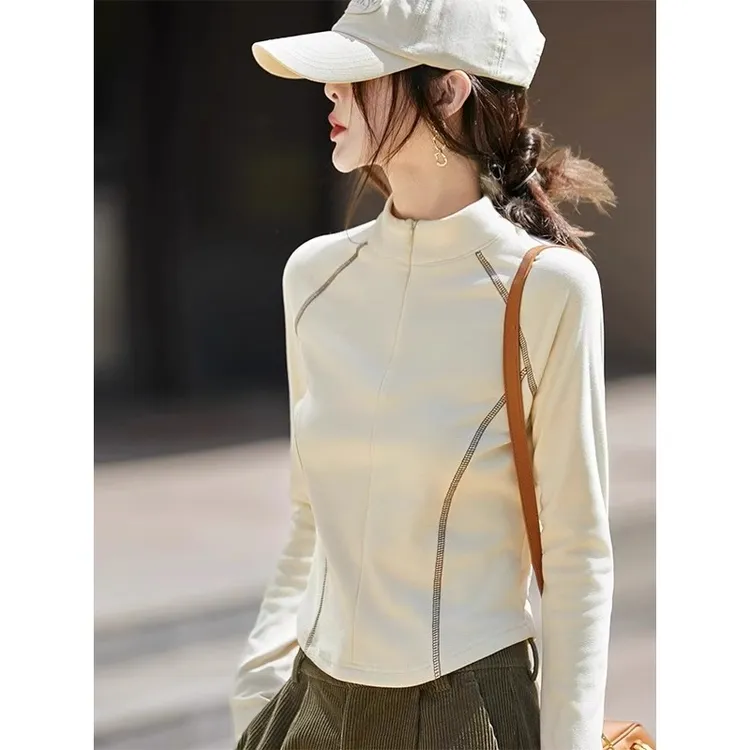 半高领德绒拉链卫衣女装2025秋冬新款修身收腰内搭短款打底衫上衣