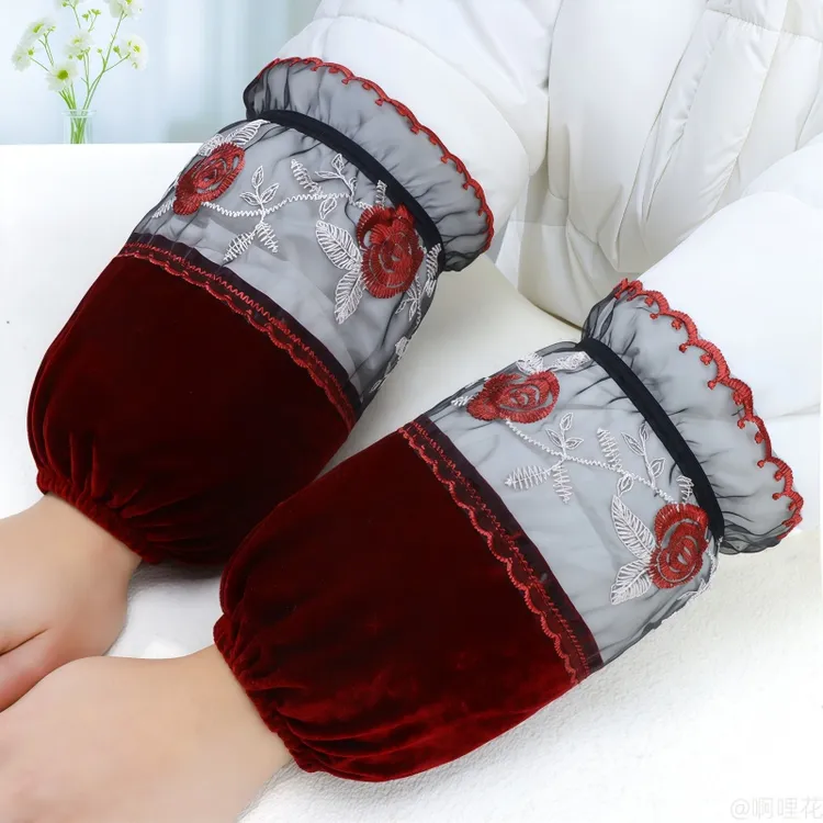 秋冬季防污工作耐脏袖套女士时尚蕾丝袖筒护袖短款金丝绒护袖绣花