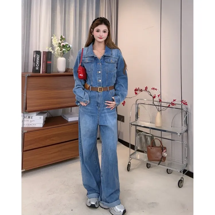 【三三专属】时尚Polo领长袖牛仔连体裤女2025春秋新款美式复古收腰显瘦连身裤
