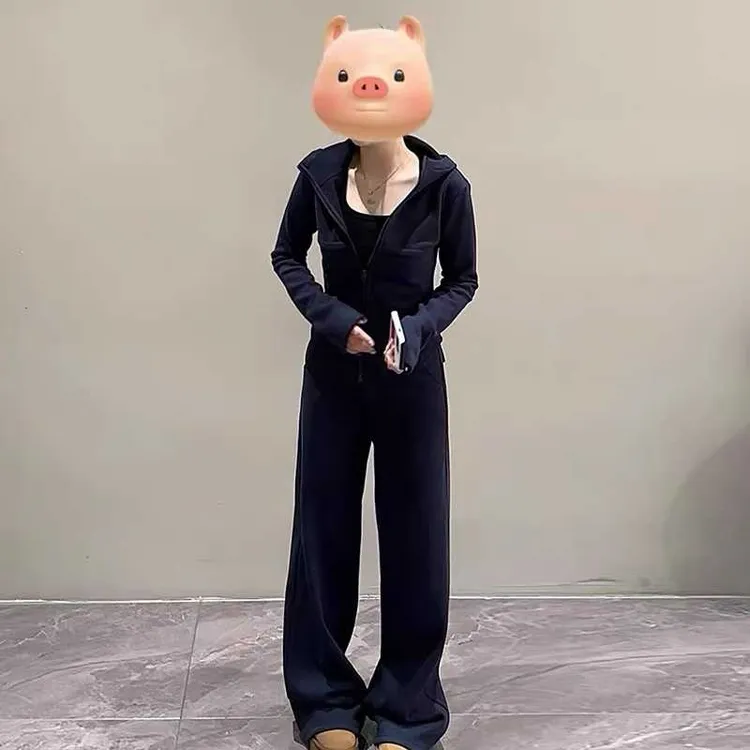 胖mm大码女装早春春秋休闲风显瘦宽松连帽拉链上衣阔腿裤两件套
