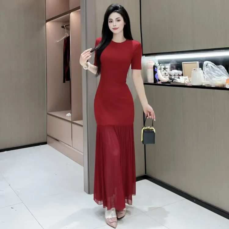 气质长裙夏季长款修身优雅拼接显瘦时尚圆领设计师女士