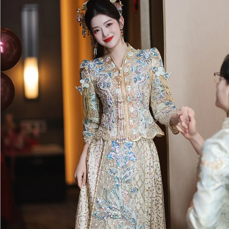 香槟色秀禾服婚服2024新款新娘结婚金色婚礼敬酒中式婚服出阁冬季