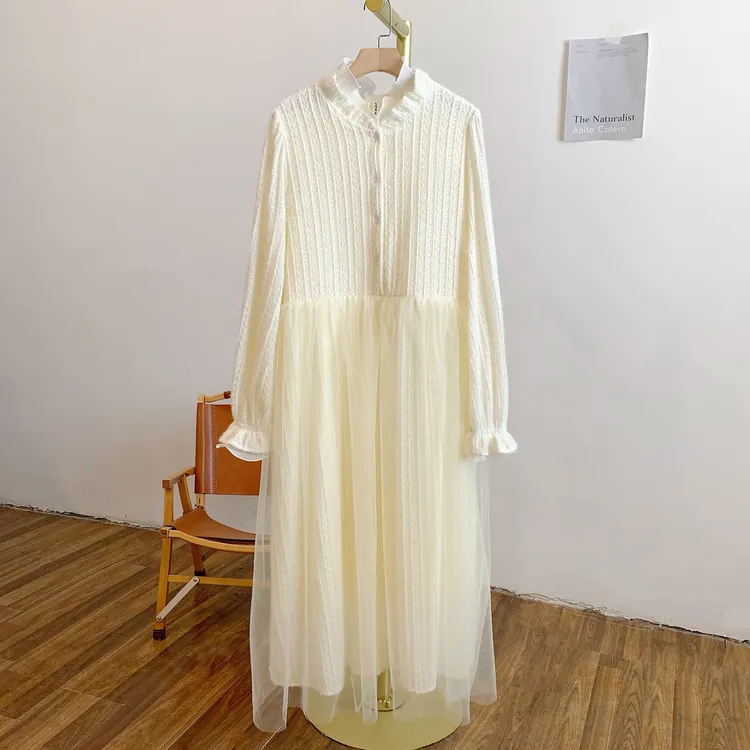 小仙女MNY1392加绒提花半开扣网纱拼接双层木耳边立领连衣裙