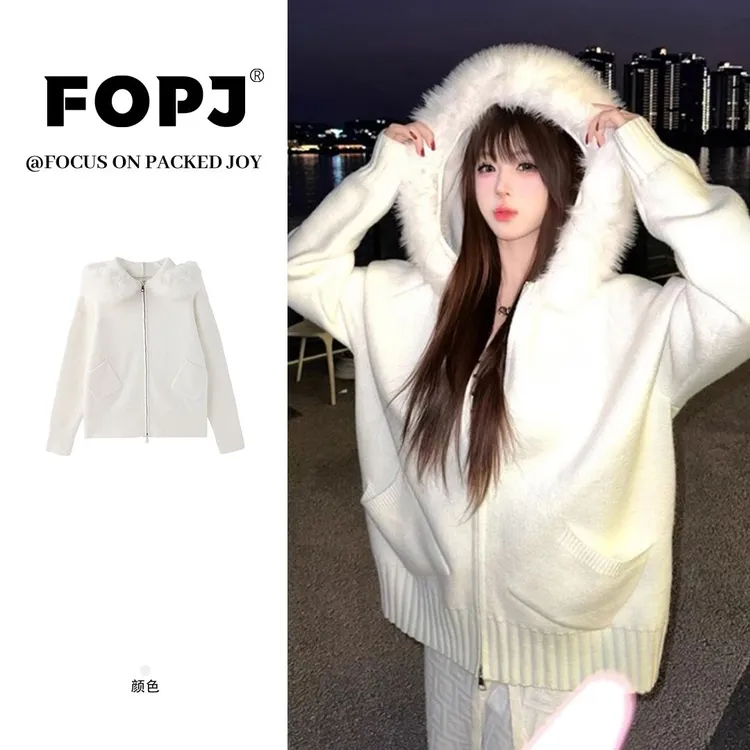 FOPJ温柔韩系白色连帽拉链针织开衫女拼接毛领早秋新款甜美风外套