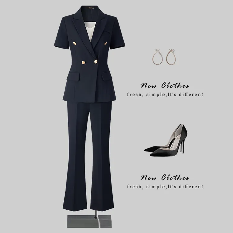 藏青色短袖西装套装女职业正装夏薄款2025新款高级感职场西服外套