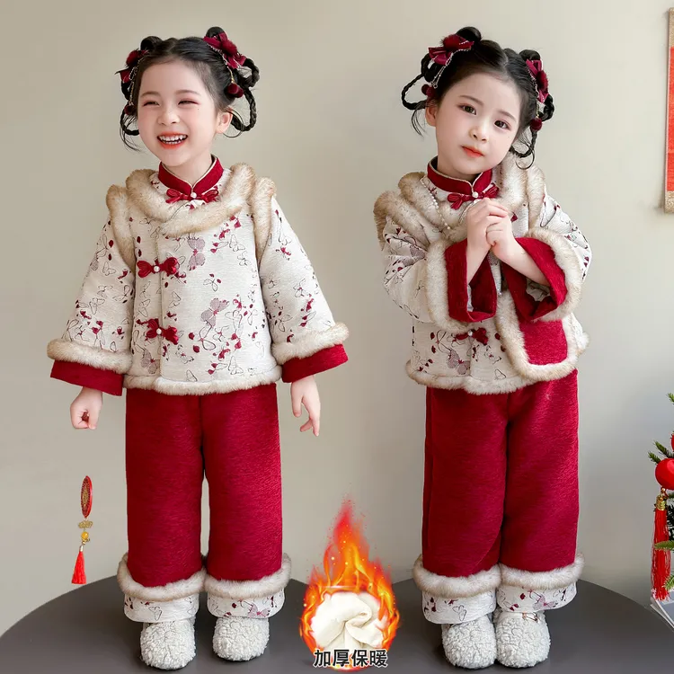 女童冬季加绒2025秋冬新款中国风儿童唐装新中式加厚宝宝礼服套装