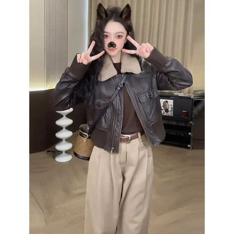 皮衣外套加棉加厚女秋季新款小个子百搭休闲款短款皮夹克上衣