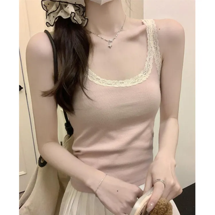 修身蕾丝美背长款吊带背心通勤显瘦秋季百搭打底韩版花边性感上衣