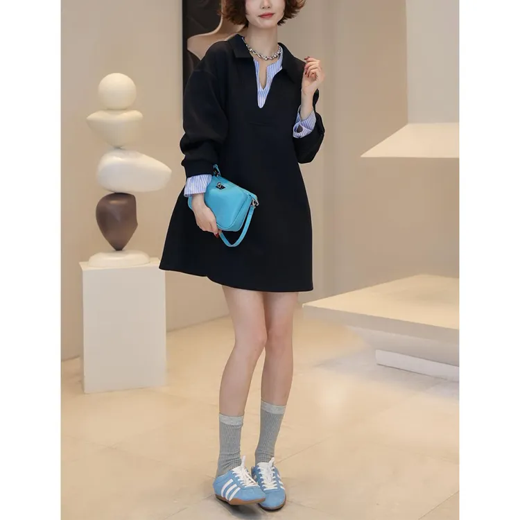 时尚长袖连衣裙女2025春季新款气质设计感拼接条纹假两件休闲裙子