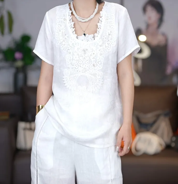蚕贵妃-女装蕾丝圆领宽松极简风桑蚕丝T恤/6202
