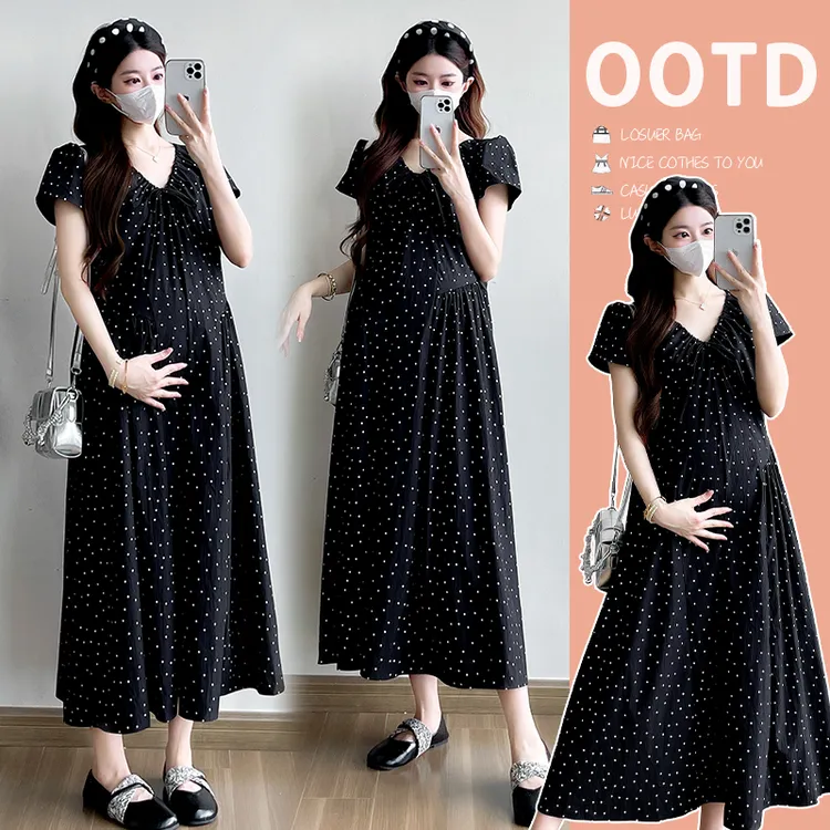 孕妇夏季小众设计新款2025法式波点气质百搭领系带中长款孕妇裙