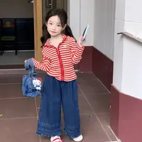 2025秋季新款女童洋气条纹连帽拉链衫 时髦叠边牛仔裤洋气幼儿园