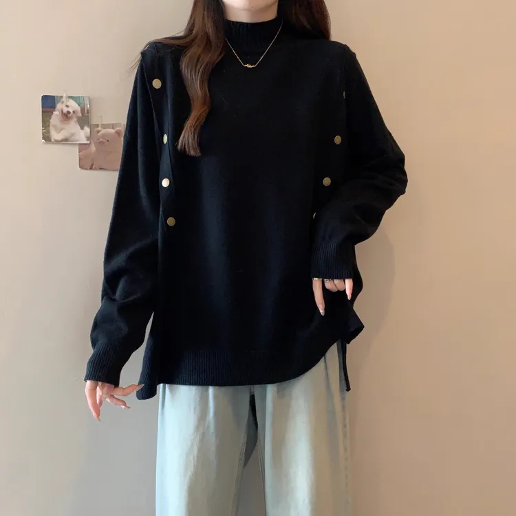 大码遮肚子慵懒风半高领针织衫女秋冬胖妹妹宽松显瘦洋气内搭上衣