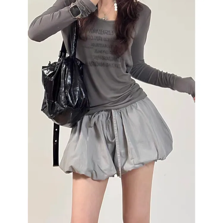 HATEBLUE 灰色花苞裤女夏季新款韩系绝美灯笼短裤蓬蓬裤