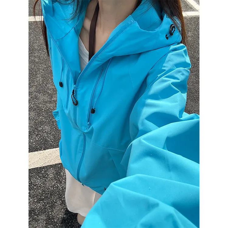 美式vibe冰川蓝夹克男秋季户外登山防风防水冲锋衣多口袋连帽外套