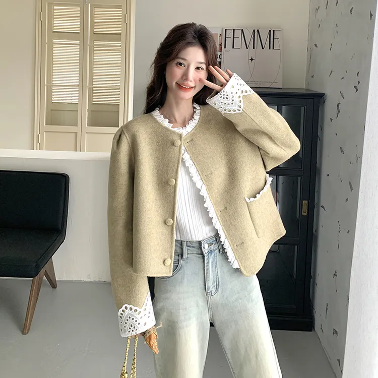 蕾丝花边小香风羊毛呢子外套女2025年春秋季新款韩版显瘦毛呢大衣