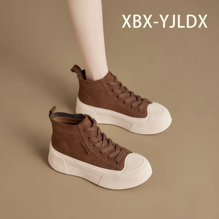 头层牛皮中高帮女时尚百搭圆头厚底5cm-XBX-YJLDX潮流运动休闲