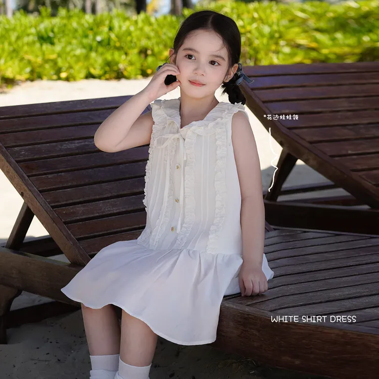 AnnieGirl夏季新款法式复古白色荷叶边无袖连衣裙女花边领设计感