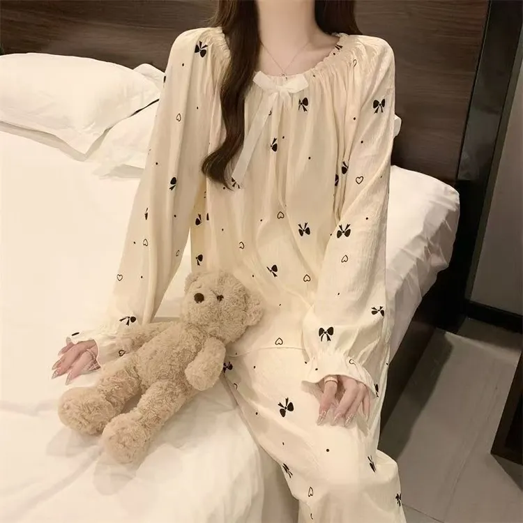 睡衣女套装秋季套装公主风女韩版睡衣甜美韩版长袖睡衣带胸垫