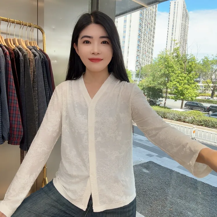 253838 提花设计感V领长袖时尚法式洋气上衣印花
