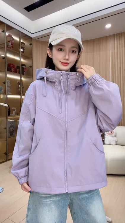 双拉链女款连帽春秋纯色短款休闲拼接防风韩版短外套G2502