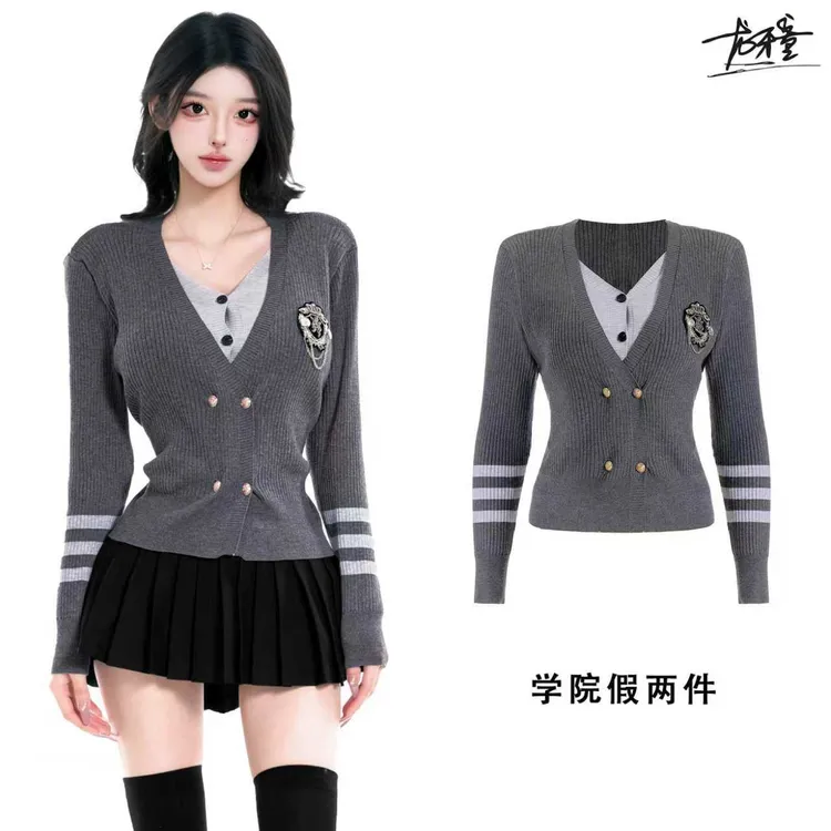龙牙童推荐【学院假两件】韩版春秋冬季长袖t恤秋季休闲假两件衬衫