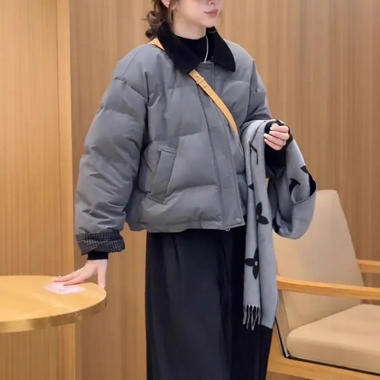 撞色灯芯绒翻领加厚保暖棉服女冬季新款韩版宽松百搭通勤棉衣外套