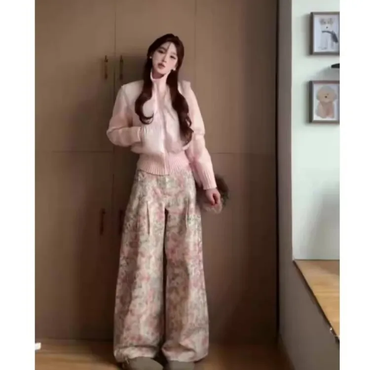 MARIE.COCO秋冬新款韩系粉色棉服收腰外套搭设计感花卉时尚休闲裤