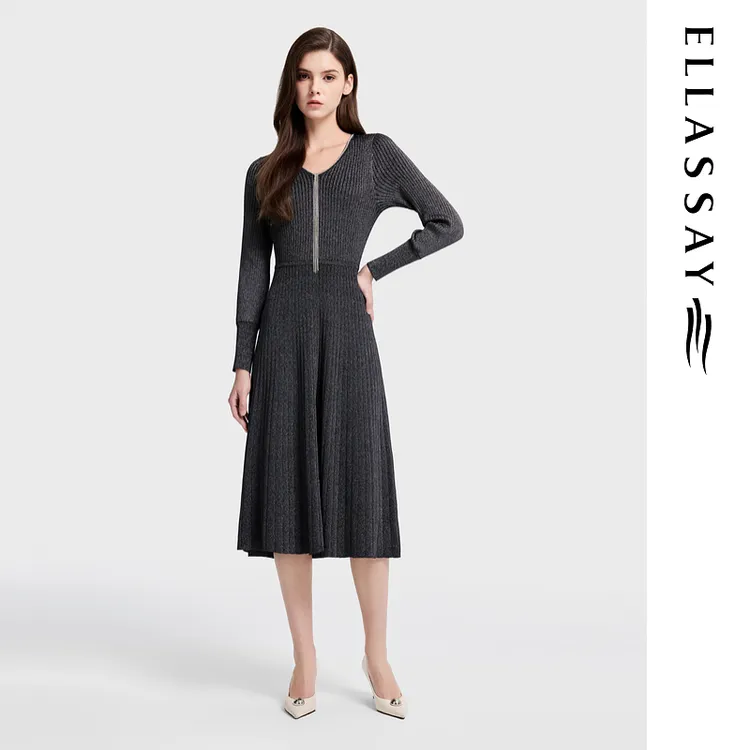 ELLASSAY歌力思2026早春新款V领长袖中长款连衣裙女EWB371M01500