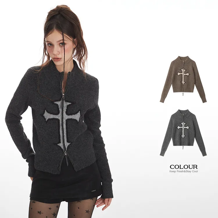 十字架双拉链修身针织毛衣女款打底衫内搭2025春季新款外套上衣