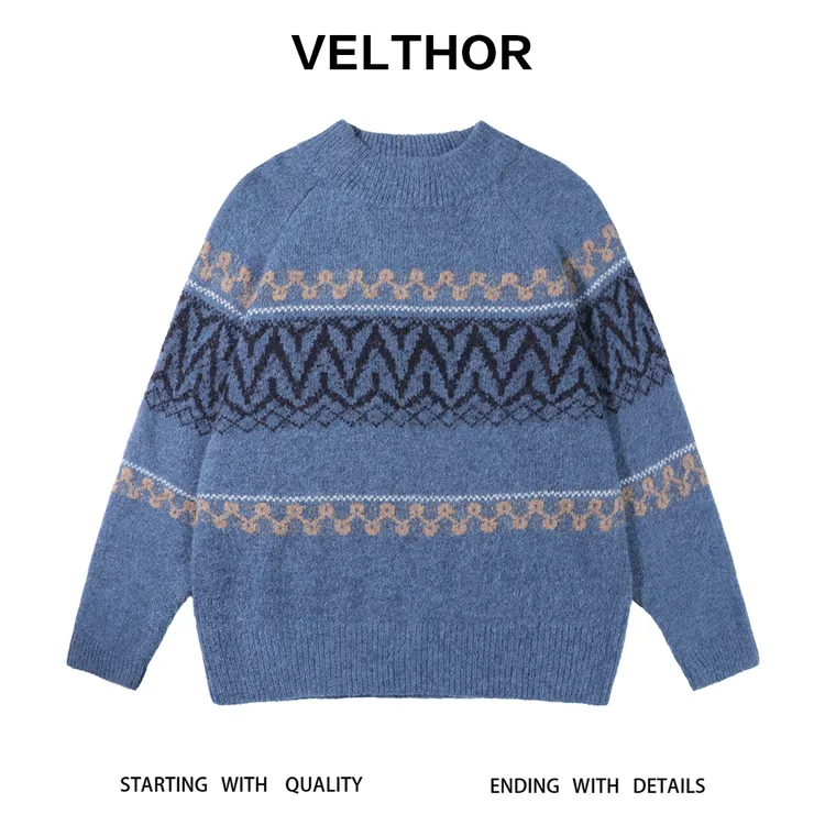 男士秋冬新款轻奢痞帅老钱风男装潮牌撞色提花圆领宽松费尔岛毛衣