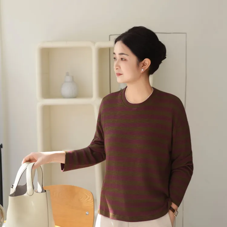 【秋日松弛】汉麻棉T恤质感立体垂坠复古彩色条纹长袖女T恤FSY51117