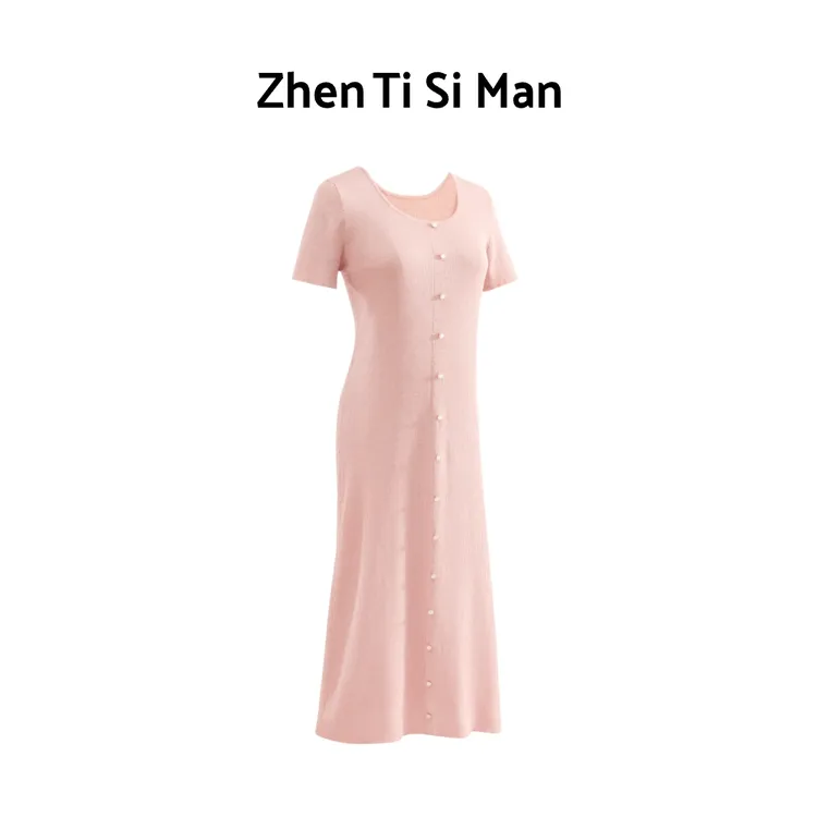 ZHENTISIMAN 意大利水晶纱 闪闪纱 轻奢高定圆领粉色连衣裙LA5004