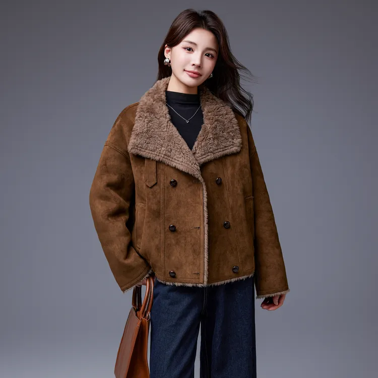 100%绵羊毛短款外套2025冬季新品翻立领纽扣时尚保暖原创设计爆火