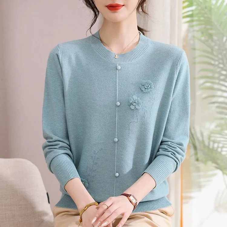 新中式妈妈装2025春秋新款毛衣针织衫长袖上衣中老年女装50