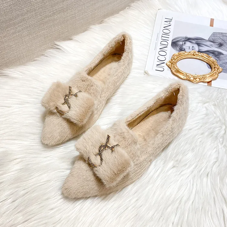 新款时尚百搭尖头蝴蝶结钻扣保暖休闲内增高（3cm）耐磨软底毛毛鞋