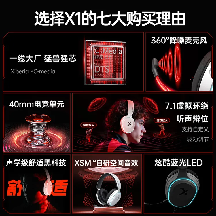 西伯利亚X1头戴式7.1游戏耳机台式有线版带麦轻量化自研电竞音效