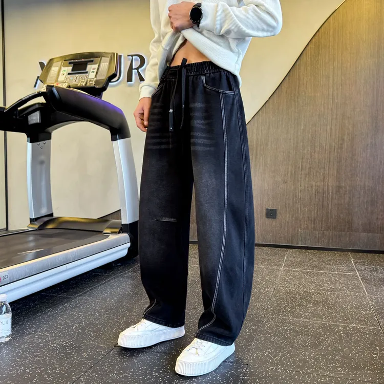 秋冬季新款牛仔裤男加绒宽松阔腿长裤男设计感水洗复古直筒休闲裤