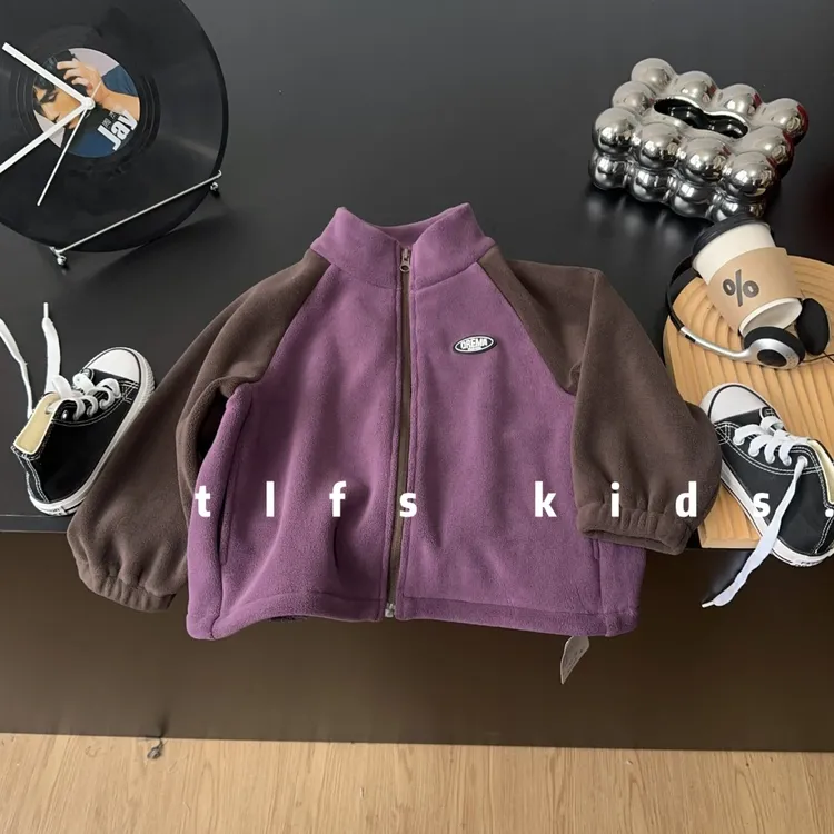 童例「25501咖拼紫奥利绒外套」秋冬保暖立领儿童休闲百搭男童女童