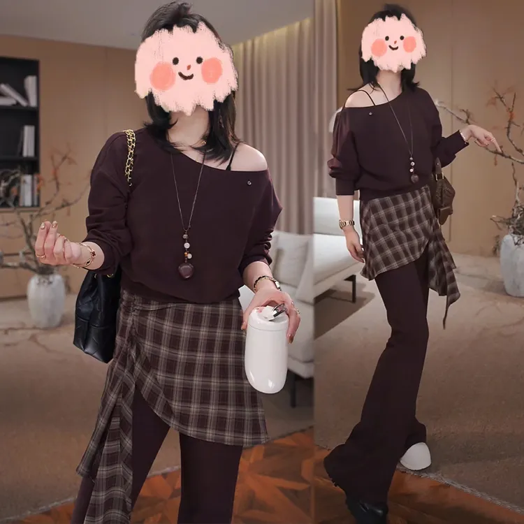 欧若风时尚一字领卫衣高级感休闲裤套装女2025早秋新款气质两件套