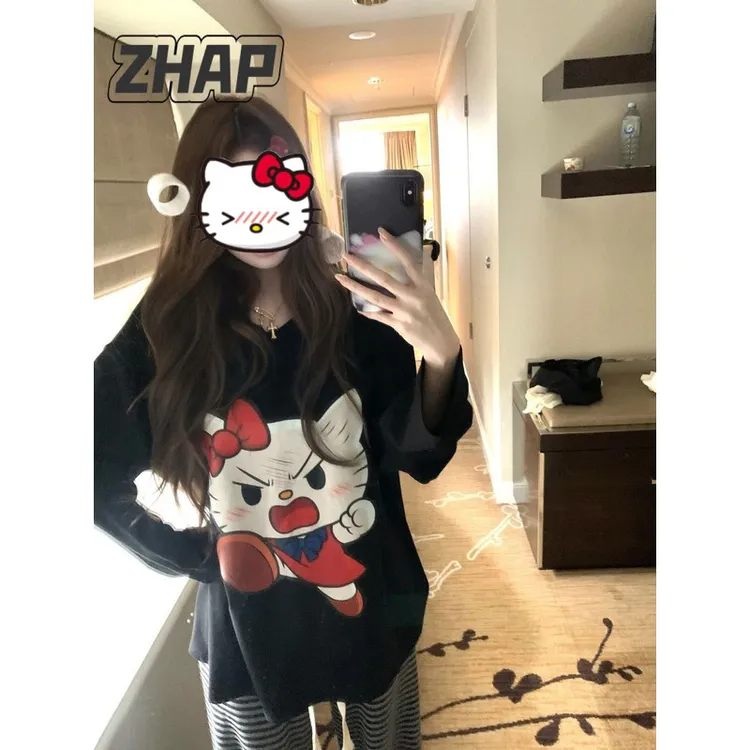 【ZHAP】新款早秋款圆领长袖t恤女kitty印花爆款简约外穿遮肉潮