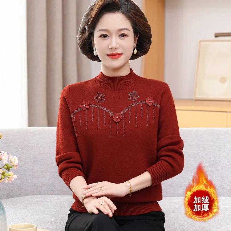 冬装加绒加厚针织毛衣中老年女装宽松立体国风时尚保暖上衣