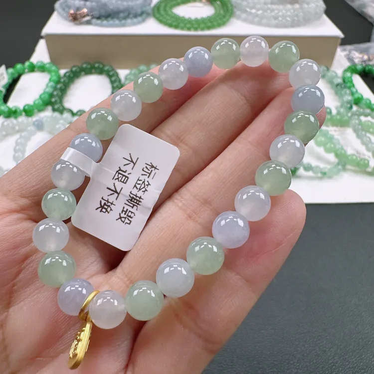 天然A货翡翠卡7.3mm老坑冰胶水润浅马卡龙圆珠单圈女士时尚手串