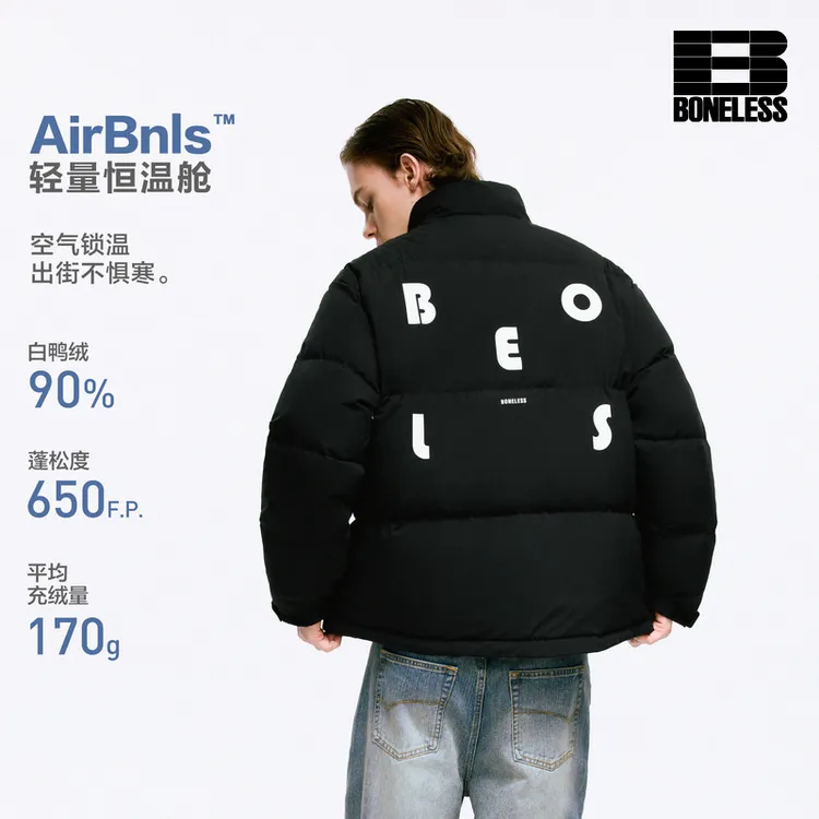 BONELESS简约字母印花防泼水保暖羽绒服宽松90绒子潮情侣装面包服