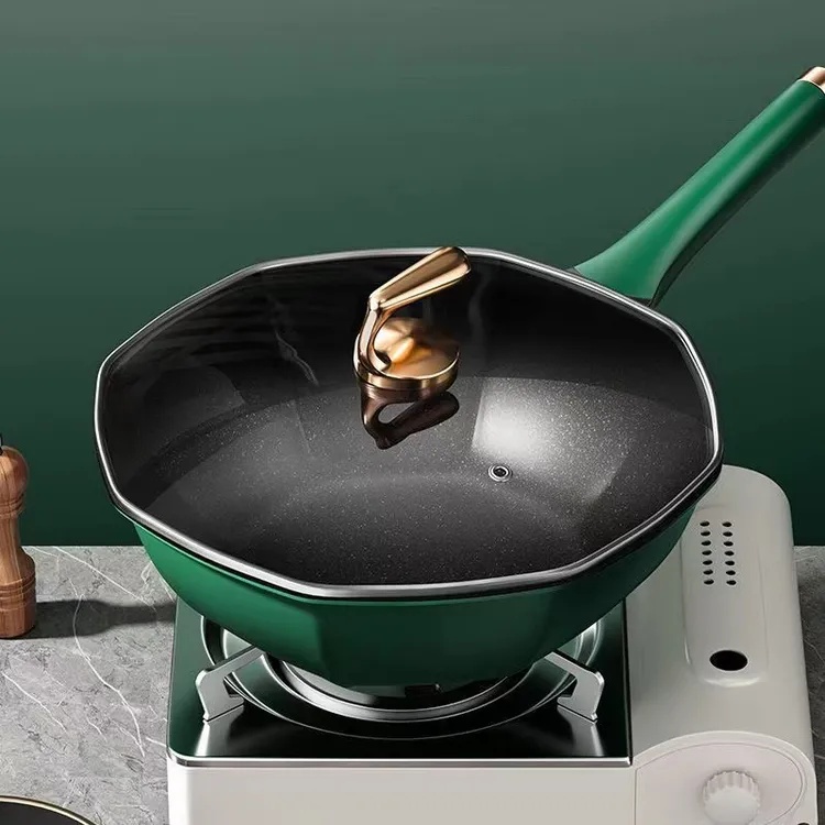 礼品炒锅麦饭石不粘炒锅家用炒菜八角锅电磁炉专用炒菜锅不沾锅