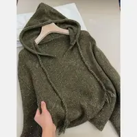 青咖色抽绳帽衫」慵懒复古！设计感花纱亮片百搭宽松连帽高级感毛衣