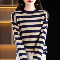 法式撞色条纹长袖毛衣女新款薄款宽松休闲显瘦针织衫格雷系上衣