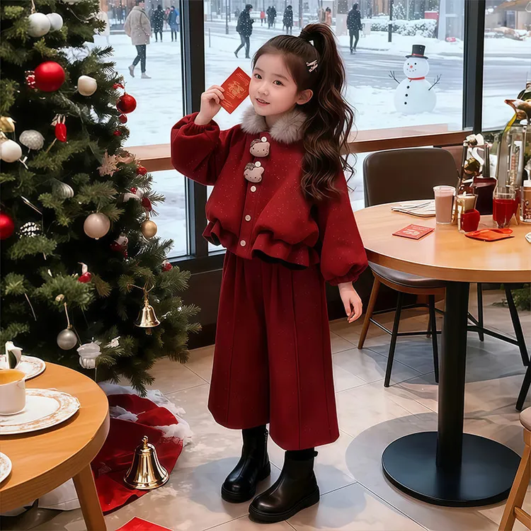 女童红色两件套冬季新款加绒保暖洋气新年过年服本命年女孩套装孩