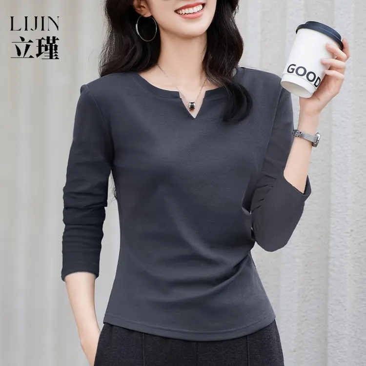 设计感小V领纯色长袖T恤女装2025早秋新款小众抽褶修身打底衫上衣