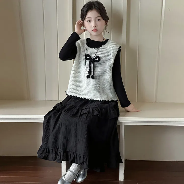 女童春秋马甲套装2025新款女孩大童秋装毛线针织背心打底衫半身裙